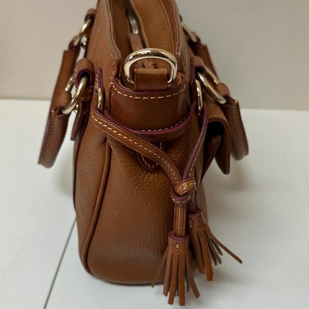 Dooney & Bourke Pebbled Leather Satchel Bag Ginger Tan Tassel Gold Hardware